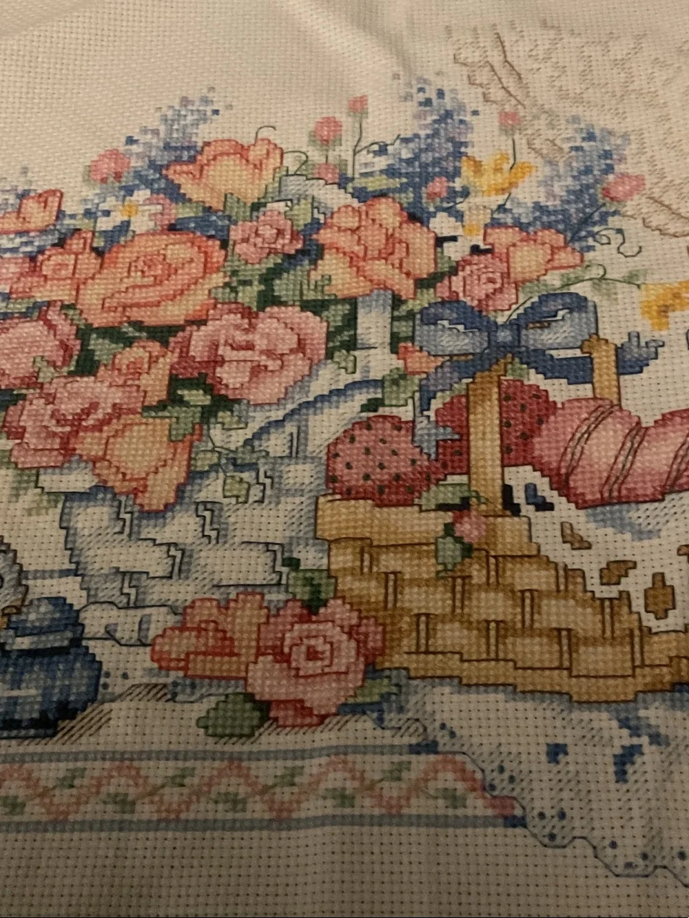Hand-Embroidered Floral Still Life Cross-Stitch - Pink and Blue